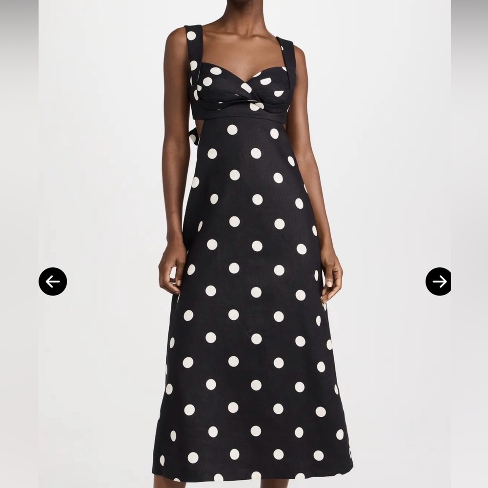 Zimmermann Black and White Polka Dot Tie-Back Midi Dress